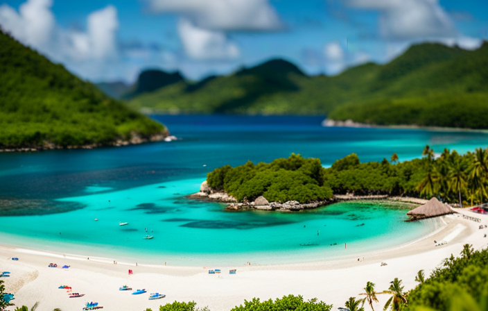 An image of a turquoise bay dotted with sailboats, framed by lush green hills