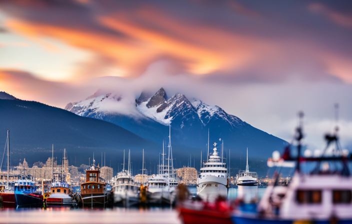 An image showcasing a magnificent snow-capped mountain range as a backdrop, with a bustling waterfront filled with colorful boats, welcoming cafes, and vibrant markets in Ushuaia Cruise Port