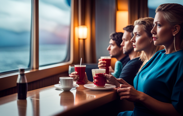 An image showcasing a cozy indoor scene on a cruise ship: passengers engrossed in a thrilling movie marathon, sipping hot beverages, with rain splattering against the large windows, casting a serene ambiance