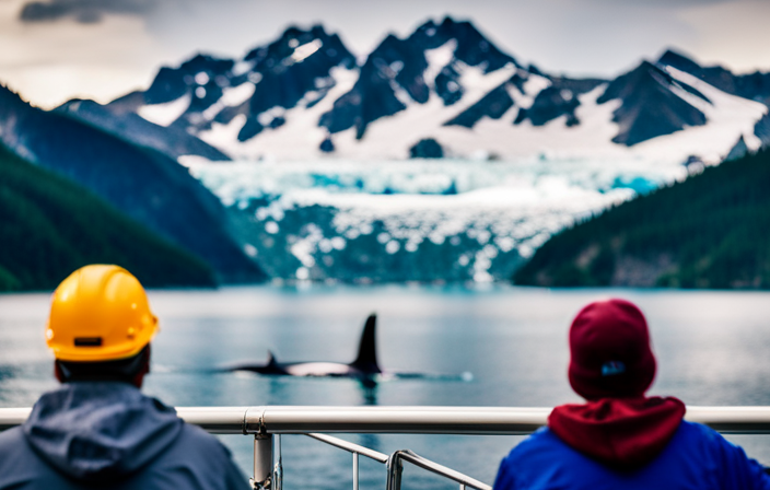 An image showcasing a breathtaking view from the deck of an Alaska cruise ship, revealing snow-capped mountains towering over pristine glaciers, while playful orcas gracefully swim alongside, capturing the awe-inspiring beauty of an Alaskan adventure