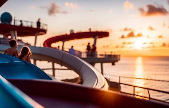 An image of a family of four enjoying a thrilling water slide on the deck of Disney Wish Cruise ship, surrounded by a panoramic view of turquoise waters, palm trees, and a vibrant tropical sunset