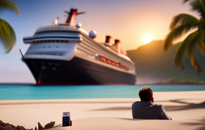 An image showcasing a perplexed traveler standing on a tropical beach, gazing at a cruise ship sailing away