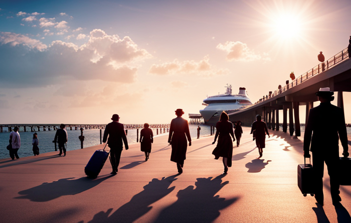 An image showcasing a sunny Miami pier with a diverse crowd disembarking from a cruise ship, while porters in crisp uniforms expertly handle a sea of colorful suitcases, enticing readers to discover what happens next for their luggage