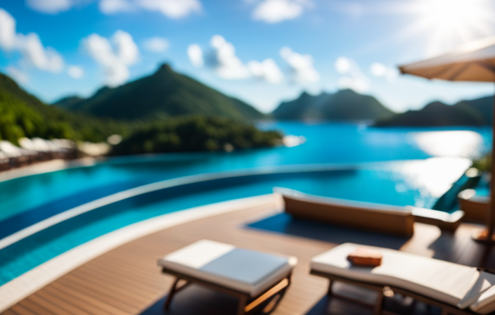 An image showcasing a luxurious cruise ship adorned with vibrant sun loungers, inviting pools, and lively bars