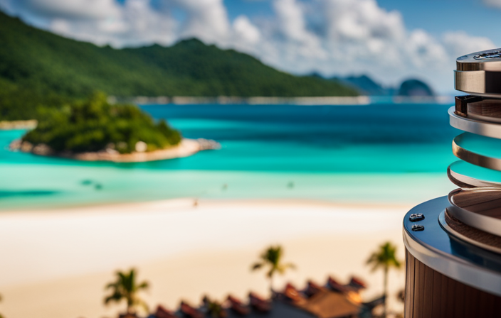 An image capturing the dazzling sight of a magnificent cruise ship sailing through crystal-clear turquoise waters, surrounded by picturesque tropical islands, as passengers enjoy sun-kissed decks, luxurious amenities, and breathtaking ocean views