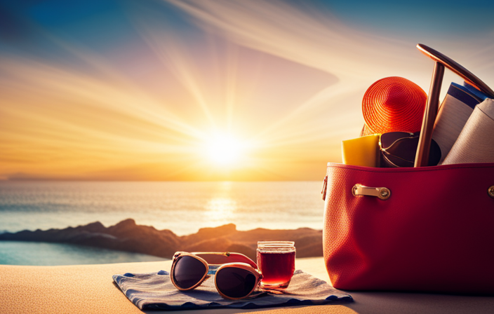 An image showcasing a vibrant beach bag filled with essentials for a cruise: sunscreen, a tropical hat, a colorful sarong, a pair of sunglasses, a refreshing drink, and a guidebook to exotic destinations