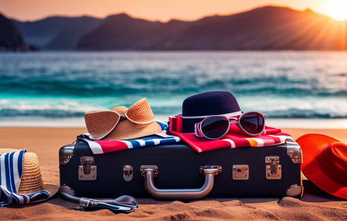 An image showcasing a vibrant beach towel, a pair of stylish sunglasses, a snorkel and mask, a straw hat, a colorful sundress, and a pair of flip flops, all neatly arranged on a suitcase