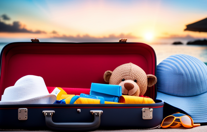 An image showcasing a colorful suitcase filled with essentials for a baby on a cruise: swim diapers, sun hats, tiny flip-flops, adorable swimsuits, a mini life jacket, sunscreen, baby wipes, and a plush toy