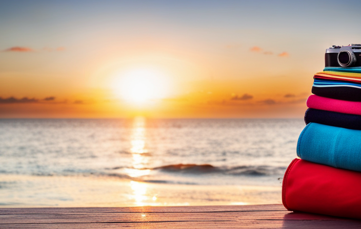 An image showcasing a neatly folded stack of vibrant beach towels, a pair of stylish sunglasses, a waterproof camera, a passport, a sun hat, and a colorful beach bag, all placed on a wooden deck overlooking a crystal-clear ocean