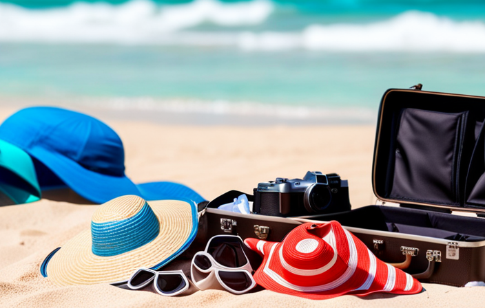 An image showcasing a vibrant tropical beach scene, with a suitcase open to reveal neatly folded swimsuits, sunhats, flip-flops, sunscreen, a beach towel, a snorkel, and a camera, all ready for an exciting cruise to the Bahamas