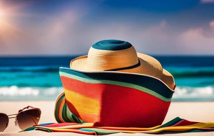 An image showcasing a vibrant beach bag filled with essentials for a Mexican cruise: a sunhat, sunglasses, sunscreen, a colorful sarong, a guidebook, a passport, and a seashell collection