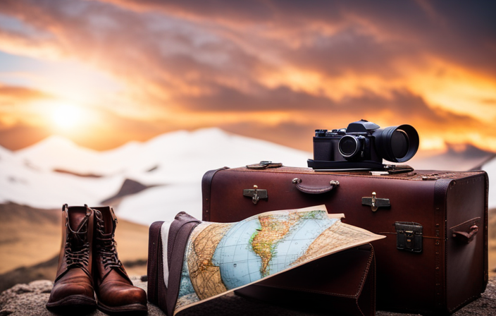 An image showcasing a vibrant travel suitcase overflowing with warm layers, sturdy hiking boots, sunscreen, a passport, a camera, binoculars, and a map of South America and Antarctica