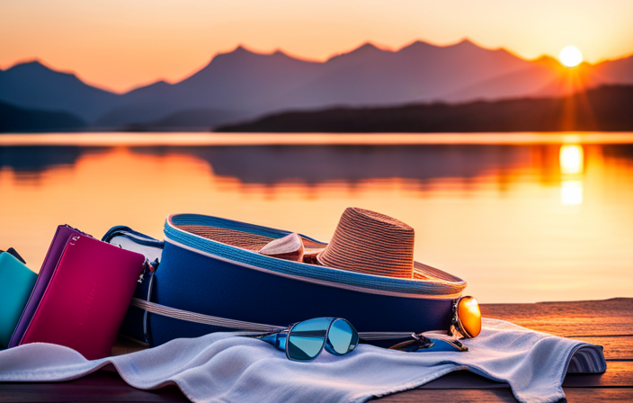 An image showcasing a vibrant beach bag filled with essentials for a Greek island cruise: colorful sunhat, sunglasses, sunscreen, camera, beach towel, guidebook, passport, and a bottle of refreshing water