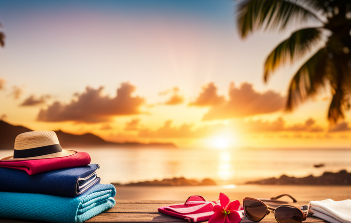 An image showcasing a vibrant tropical beach scene filled with essentials for a Hawaiian cruise