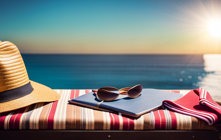 An image showcasing a well-organized suitcase filled with a straw hat, a colorful beach towel, a stylish sundress, a pair of sunglasses, a guidebook, and a passport, ready for an unforgettable Mediterranean cruise