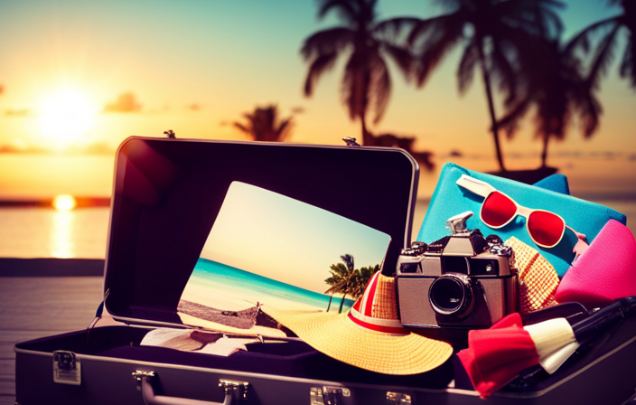 An image featuring a suitcase bursting with vibrant beach attire, snorkeling gear, sunscreen, a camera, a passport, sunglasses, a sun hat, and a tropical drink with a tiny umbrella, all neatly arranged