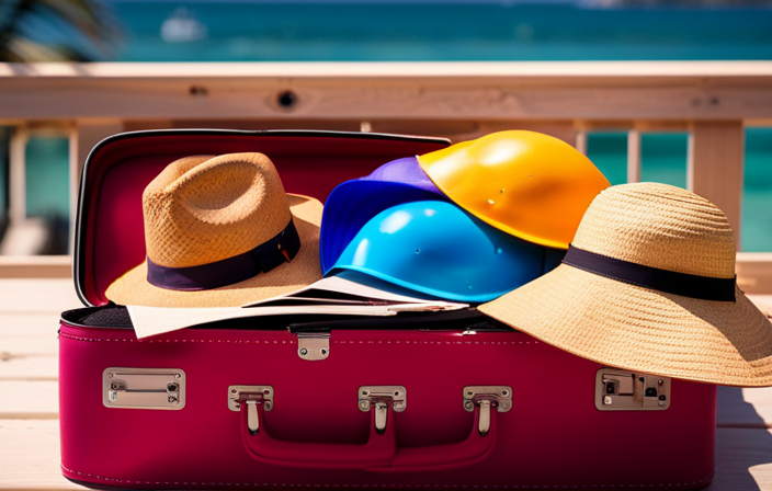 An image showcasing a colorful suitcase filled with essentials for a toddler on a cruise: a sun hat, swimsuit, floaties, sunscreen, a plush toy, a stack of picture books, and a snack box