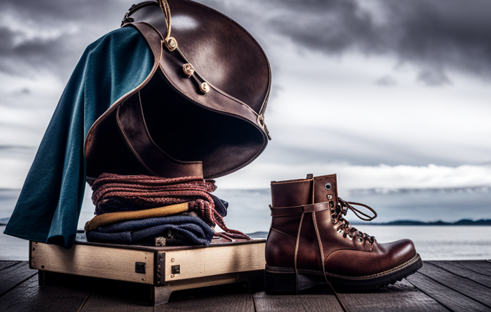 An image of a neatly folded stack of warm, waterproof clothing, including a sturdy pair of leather boots, a fur-lined cloak, and a Viking helmet, ready to be packed for an epic adventure on a Viking Ocean Cruise