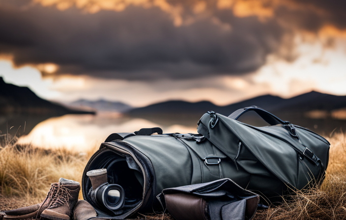 An image of a rugged, weather-beaten duffel bag, partially unzipped, revealing a thick down jacket, waterproof gloves, sturdy hiking boots, thermal socks, and a pair of binoculars with an icy landscape reflected in the lenses