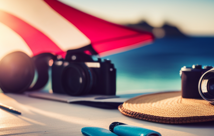 An image capturing the essentials for a Bahamas cruise: a sun hat, sunglasses, flip flops, sunscreen, a beach towel, a camera, a snorkel, and a tropical drink with a colorful umbrella