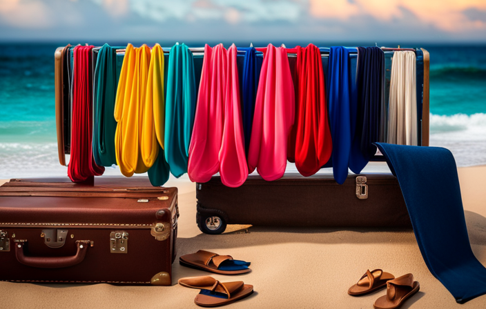 An image of a suitcase overflowing with vibrant beach attire - swimsuits, sun hats, and flip flops peeking out