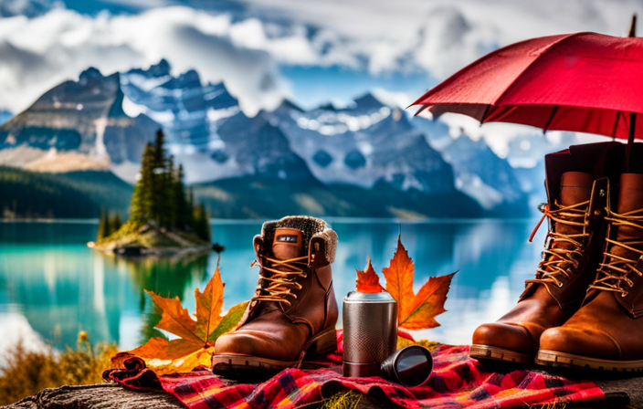 An image showcasing a cozy woolen sweater neatly folded on top of a pair of waterproof hiking boots, alongside a compact umbrella, a plaid scarf, and a maple leaf-adorned thermos, all ready to be packed for a Canada New England cruise in October
