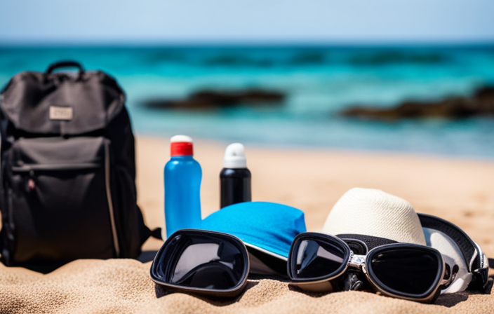 the essence of a Galapagos cruise in an image: A compact backpack sits on a sandy beach, filled with snorkeling gear, sunscreen, a hat, binoculars, a reusable water bottle, and a guidebook