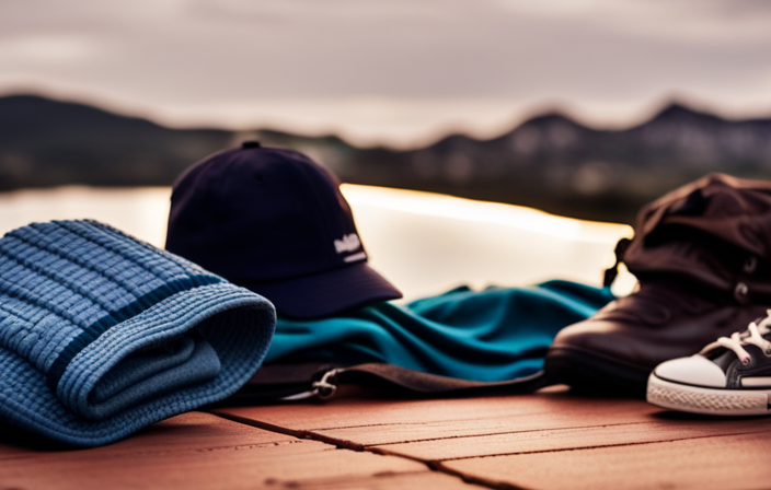 An image showcasing a neatly folded stack of warm, waterproof clothing including insulated jackets, beanies, gloves, and sturdy hiking boots, alongside a selection of compact travel essentials for a Norwegian cruise
