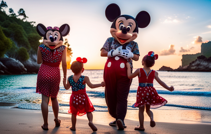 An image showcasing a family dressed in vibrant, tropical attire, with parents in flowy sundresses and Hawaiian shirts, and children in adorable Mickey and Minnie-themed swimsuits, ready to embark on a magical Disney Cruise