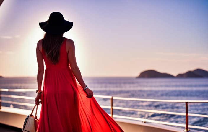 An image showcasing a stylish woman on a cruise ship, donning a flowing maxi dress in vibrant colors, paired with a wide-brimmed hat, oversized sunglasses, and wedge sandals