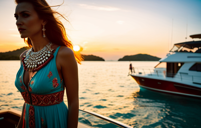 An image of a stylish woman wearing a flowing, vibrant maxi dress, adorned with tropical prints