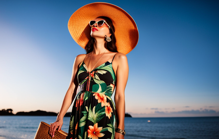 An image showcasing a vibrant, beach-inspired outfit for a booze cruise
