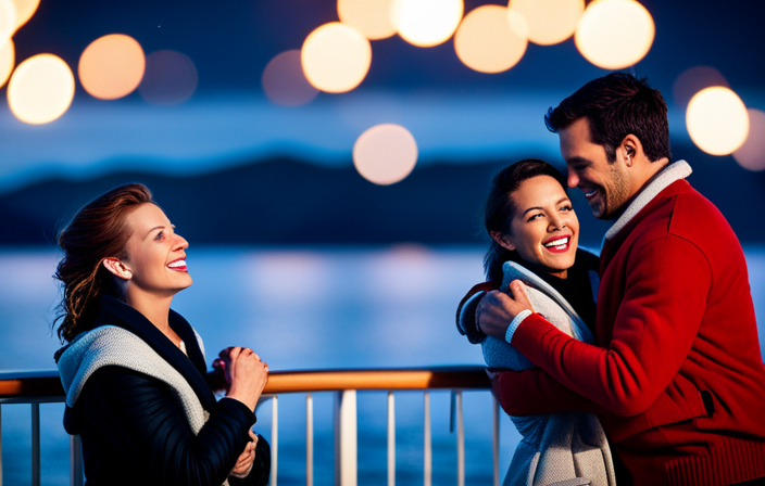An image showcasing a couple, smiling in cozy winter attire, strolling along the deck of a luxurious cruise ship adorned with twinkling holiday lights, against a backdrop of sparkling ocean waves and a clear December night sky