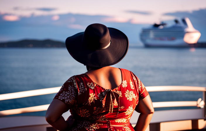 An image showcasing a stunning plus-size woman, elegantly dressed in a vibrant floral maxi dress with a wide-brimmed straw hat, enjoying a breathtaking sunset backdrop on a luxurious cruise ship