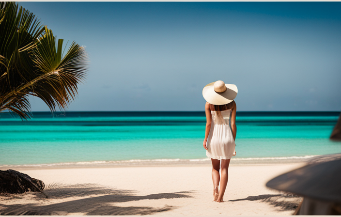 An image featuring a vibrant beachscape with crystal clear turquoise waters, palm trees swaying in the gentle breeze, and a person dressed in a stylish, flowy sundress, accessorized with a wide-brimmed hat and sunglasses, capturing the essence of a perfect outfit for a Mexican cruise