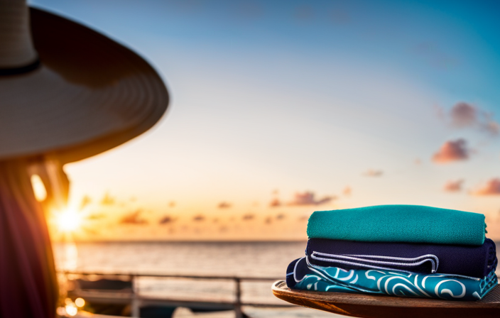 An image showcasing a sun-kissed deck of a luxurious cruise ship sailing through turquoise waters, adorned with vibrant beach towels, straw hats, stylish sunglasses, and colorful sundresses, evoking the perfect attire for a Bahamas getaway