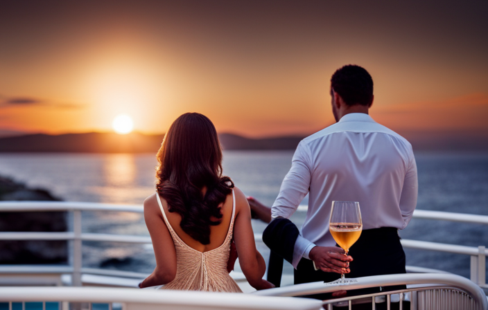 An image capturing a glamorous couple dressed in elegant evening wear, enjoying a sunset cocktail on the deck of a luxurious cruise ship, surrounded by twinkling lights, plush loungers, and panoramic views of the ocean
