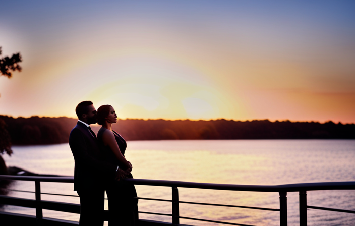 An image showcasing a peaceful sunset on the Mississippi River, with an elegant couple on the deck of a luxurious riverboat, dressed in stylish attire that perfectly complements the serene surroundings