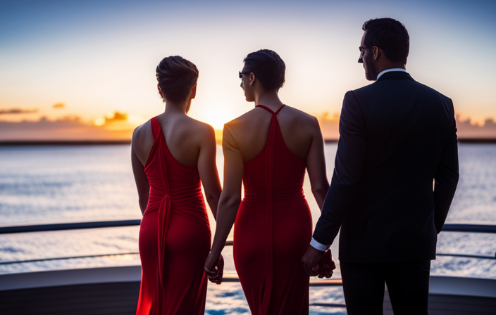 An image showcasing a breathtaking sunset over the crystal-clear Caribbean waters, with a stylish couple strolling on the ship's deck in elegant evening attire, exuding confidence and sophistication