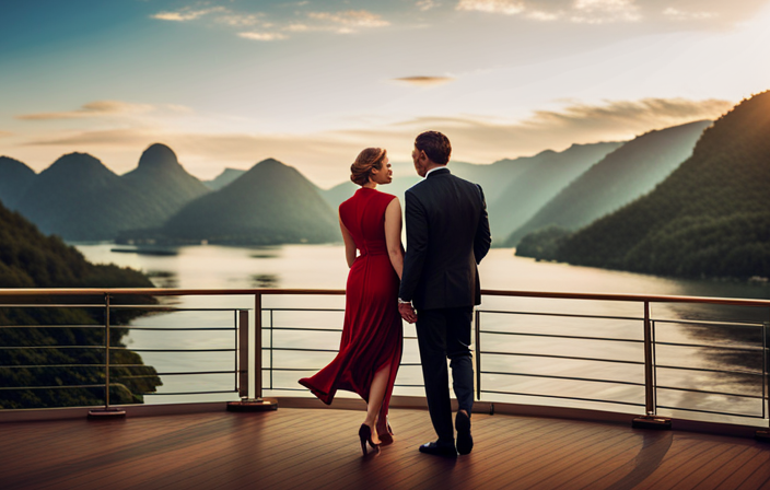 An image capturing a stylish couple strolling along the deck of a luxurious river cruise ship, adorned in chic attire that perfectly complements the picturesque surroundings of meandering rivers, lush greenery, and quaint villages