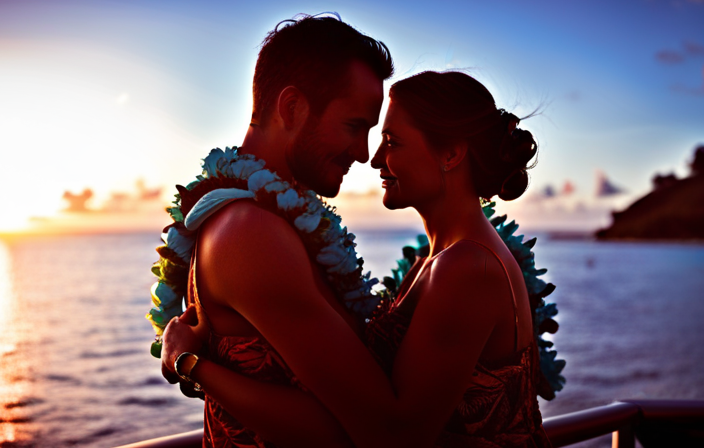 the essence of a dreamy Hawaiian sunset cruise in an image of a stylish couple, donned in vibrant tropical attire, savoring the breathtaking horizon as their boat glides through calm turquoise waters