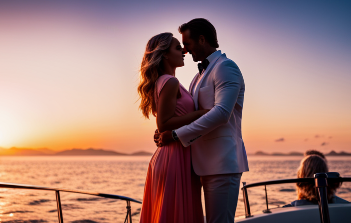 An image showcasing a couple aboard a luxurious yacht, bathed in warm hues of orange and pink as the sun sets over the calm, sparkling ocean