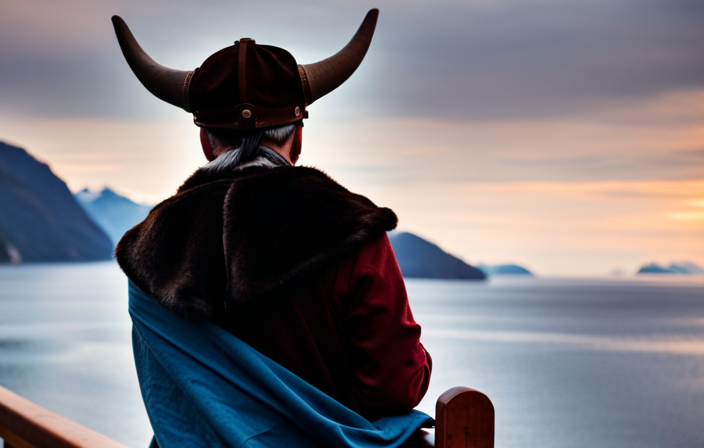 An image of a stylish traveler on a Viking cruise, clad in a cozy fur-trimmed cloak, donning a horned helmet, and admiring the breathtaking fjords from the ship's deck, perfectly capturing the essence of Viking elegance and adventure