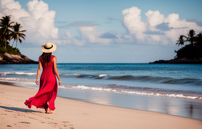 An image showcasing a sun-kissed traveler strolling along a palm-fringed shoreline, clad in a vibrant, flowy maxi dress, straw hat, oversized sunglasses, and comfy sandals, exuding effortless elegance and wanderlust