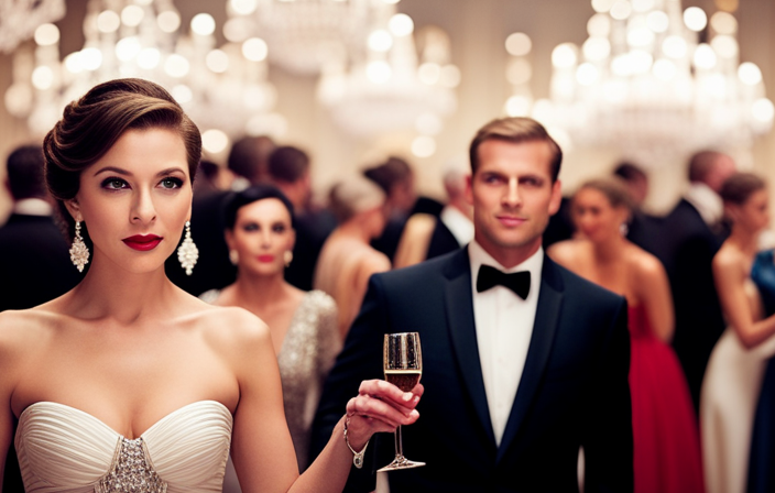 An image capturing the elegance of a Princess Cruise Formal Night: a picturesque ballroom filled with glamorous guests in lavish evening gowns and dapper tuxedos, adorned with sparkling jewelry, sipping champagne and dancing beneath dazzling chandeliers