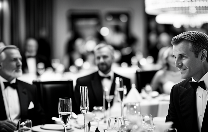 An image showcasing an elegant cruise ship dining room, adorned with sparkling chandeliers, white linen-covered tables, and impeccably dressed guests in sophisticated evening gowns and tailored tuxedos, exuding glamour and style
