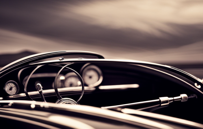 An image showcasing a vintage car from the 1950s, with sleek curves and chrome detailing, driving on an open highway