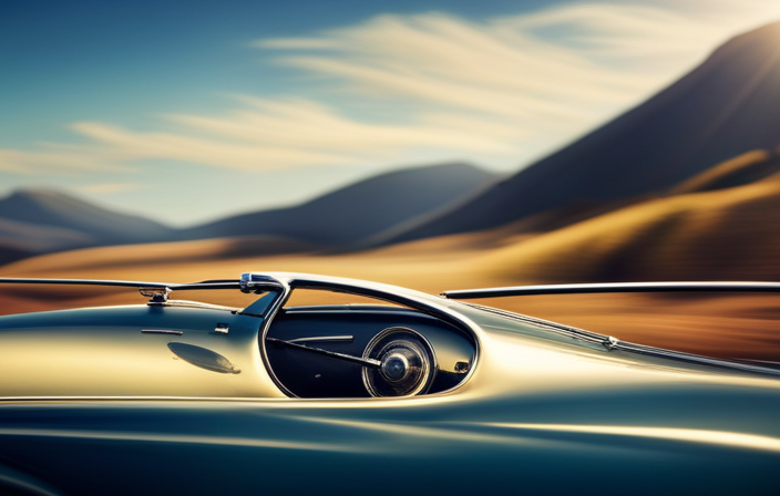 An image showcasing a vintage automobile, its sleek, aerodynamic body shimmering under sunlight