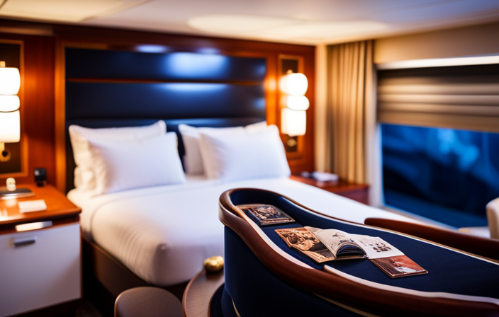 An image showcasing a luxurious stateroom on a Disney Cruise Line, complete with a plush queen-sized bed, elegant furnishings, a private balcony overlooking the ocean, and a whimsical Disney character-themed decor