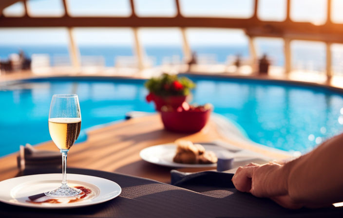 An image showcasing a luxurious cruise ship deck, with a range of diverse activities such as swimming pools, water slides, fitness center, mini-golf, and outdoor movie theater, surrounded by elegant cabins and diners enjoying gourmet meals on an open-air terrace
